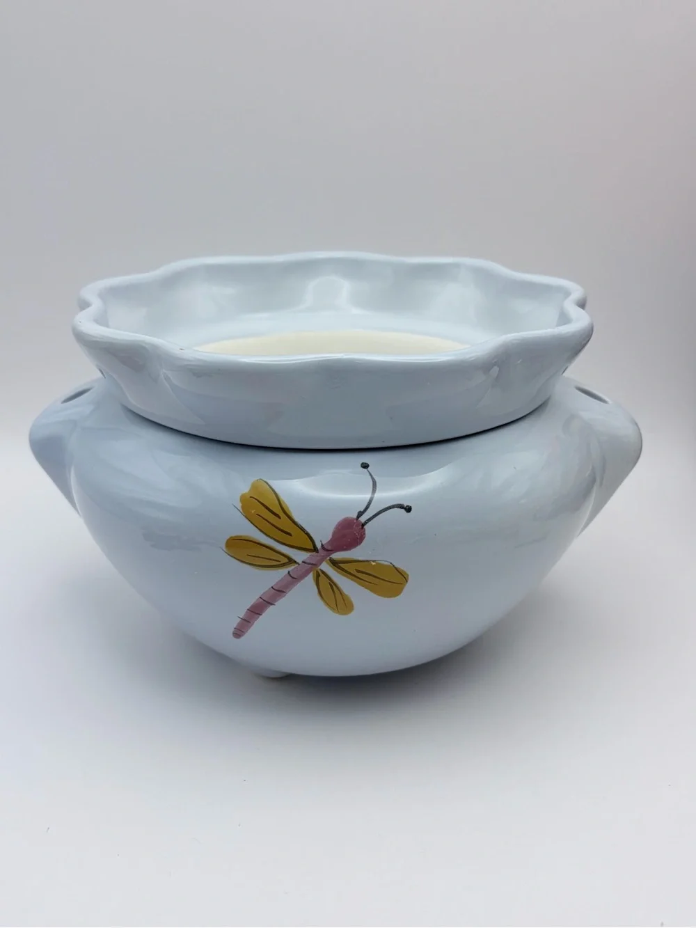 Vintage Ceramic *African Violet Planter Self Watering Dragonfly Pot Light Blue